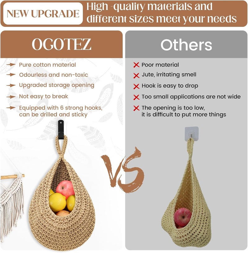 OGOTEZ Wall Hanging Baskets for Organizing - 3 Pack Hanging Fruit Basket with 6 Pcs Strong Hooks, Handwoven Onion Storage Teardrop Home Onion Basket for Fruits Vegetable Potato Kitchen Storage(Light Linen) - Image 2